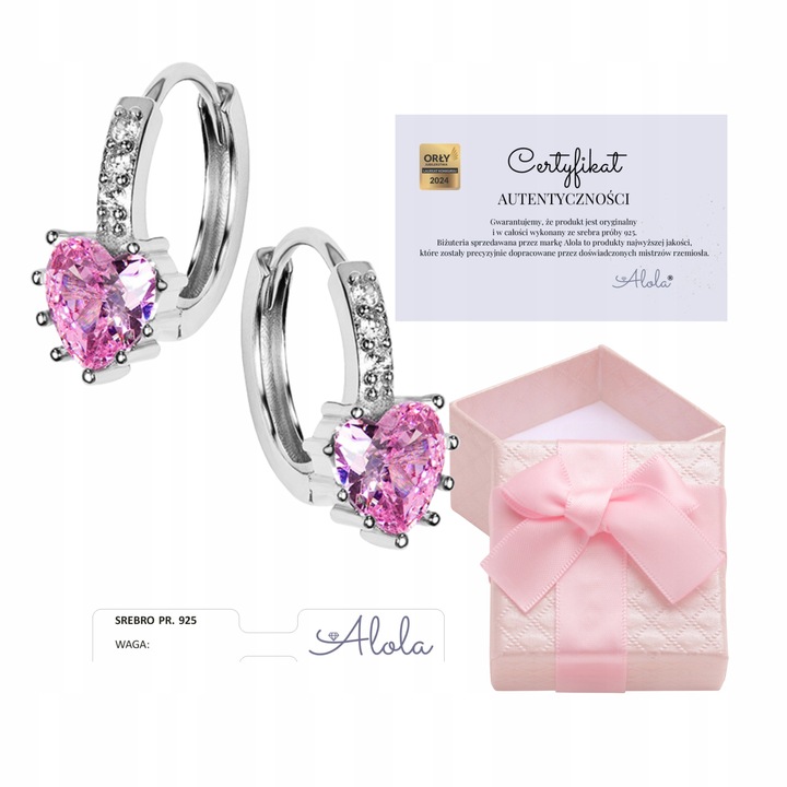 SREBRNE KOLCZYKI DLA DZIEWCZYNKI KÓŁKA SERCE RÓŻOWE 925 PREZENT ZATRZASK