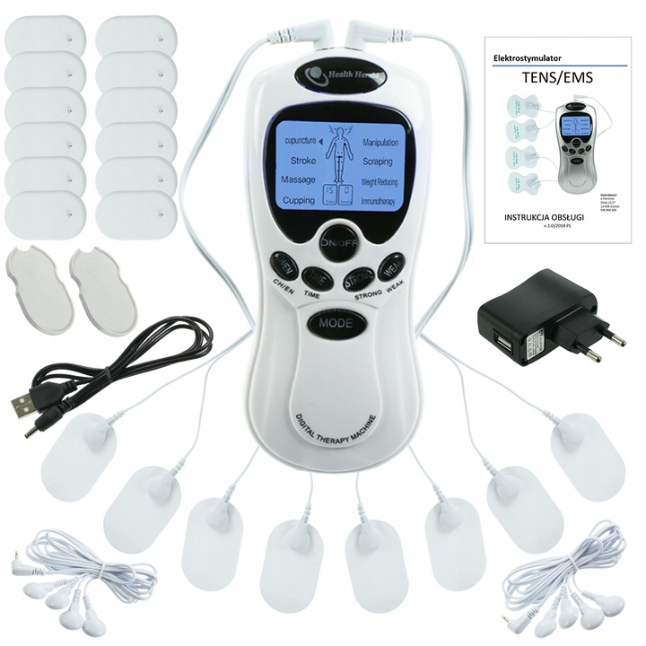 ELEKTROSTYMULATOR MIĘŚNI I NERWÓW TENS EMS ZESTAW ELEKTRODY PADY 2 KANAŁY