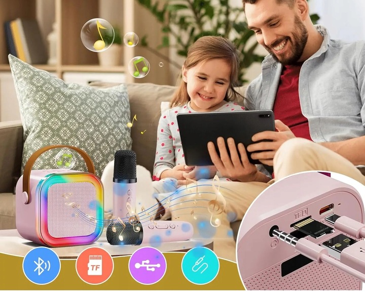 GŁOŚNIK PRZENOŚNY ZESTAW DO KARAOKE RGB BLUETOOTH 2 MIKROFONY USB JACK PINK