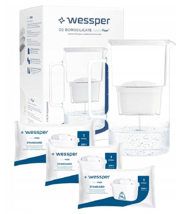 Dzbanek filtrujący SZKLANY 3l WESSPER D2 BOROSILICATE BIAŁY + 4X WKŁAD