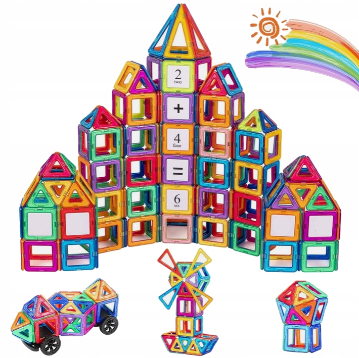 KLOCKI MAGNETYCZNE 3D koło młyńskie pojazdy ZESTAW Magnetic Tiles 72 el.