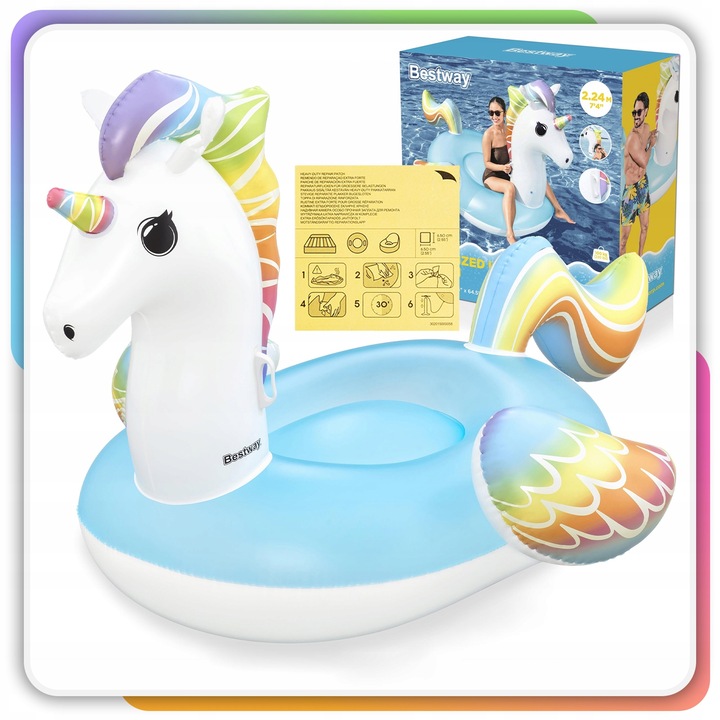 Materac Dmuchany Jednorożec GIGANT na Basen Plażę Uchwyty 224x159cm Bestway