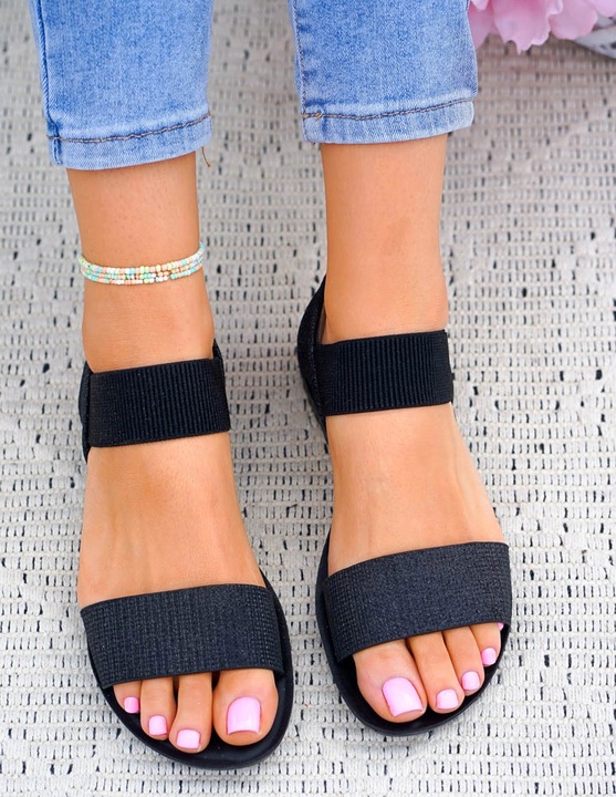 Czarne Sandały Na Gumki Płaski Spód 38