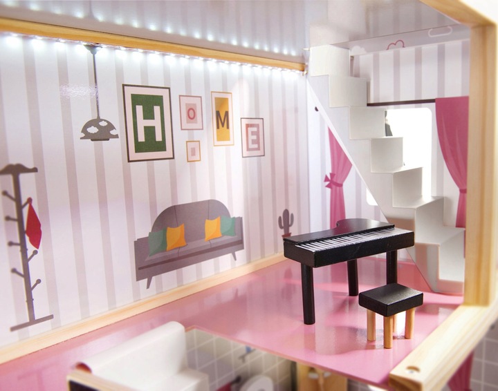 DOMEK DLA LALEK DREWNIANY LED Akcesoria Laleczki 3 Poziomy Duży Mebelki