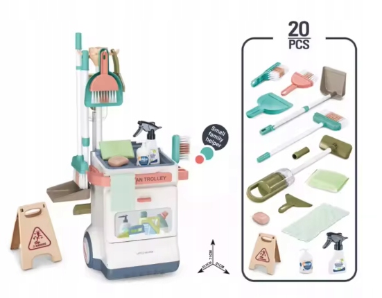 ZABAWKOWY WÓZEK DO SPRZĄTANIA DLA DZIECI ZESTAW ODKURZACZ AKCESORIA