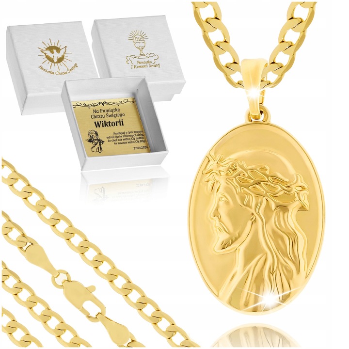 PAMIĄTKA CHRZTU ŚWIĘTEGO / ZŁOTY ŁAŃCUSZEK + MEDALIK JEZUS 18K DLA CHŁOPCA