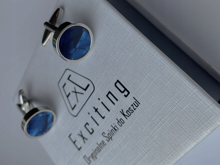 Smokingowe spinki do mankietów EXC Srebrne z Niebieską Masą Perłową + Etui