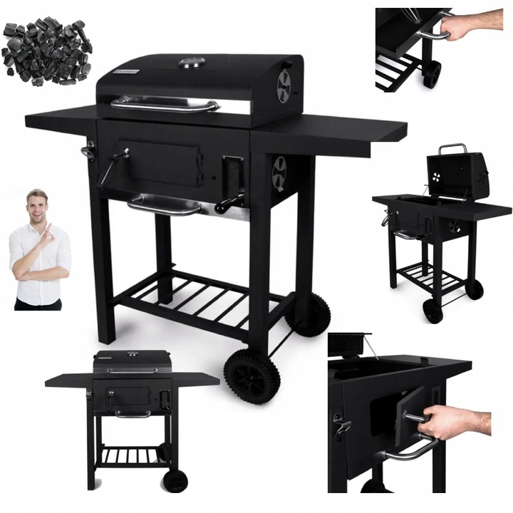 MOCNY GRILL WĘGLOWY OGRODOWY DWA RUSZTY POPIELNIK TERMOMETR DWIE PÓŁKI XXL