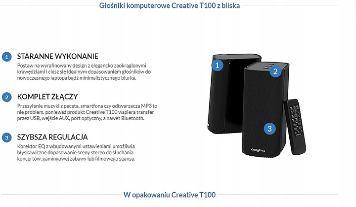 NOWE Głośniki Creative Labs T100 2.0 40W Bluetooth Pilot