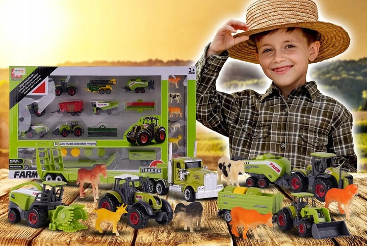Zestaw Kombajn Traktor Przyczepa Ciężarówka Zwierzęta Farma Gospodarstwo