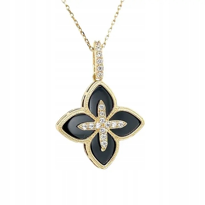 Wyjątkowy kobiecy naszyjnik złoty KWIATEK z cyrkoniami i onyksem 585 14k