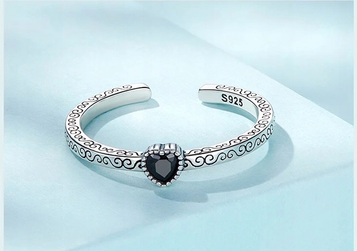 Pierścionek Czarne Serce srebro regulowany s925 +pudełko