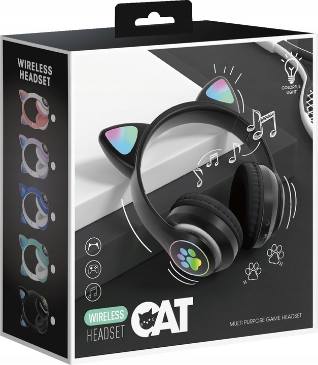 SŁUCHAWKI BEZPRZEWODOWE Z MIKROFONEM KOLOROWE KOCIE USZY LED DLA DZIECI