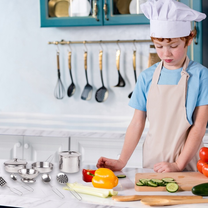 ZESTAW KUCHENNY KUCHARKI DO GOTOWANIA METALOWE GARNKI FARTUSZEK DLA DZIECI