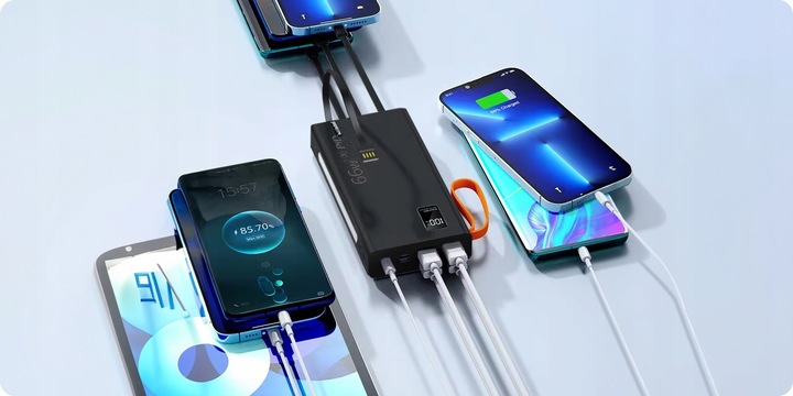 MOCNY POWERBANK 30000MAH 66W LATARKA LCD LED 4 USB USB-C + KABEL 3W1