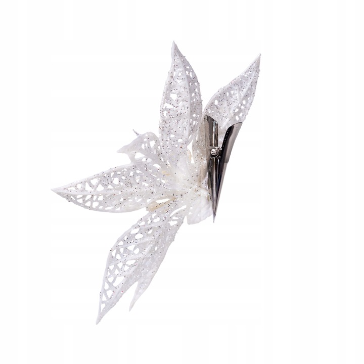 OZDOBY ŚWIĄTECZNE NA CHOINKĘ KWIAT Z KLIPSEM BIAŁY z brokatem