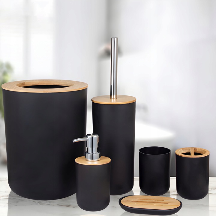 ZESTAW ŁAZIENKOWY 6 ELEMENTÓW AKCESORIA DO WC KOSZ DOZOWNIK CZARNY KOMPLET