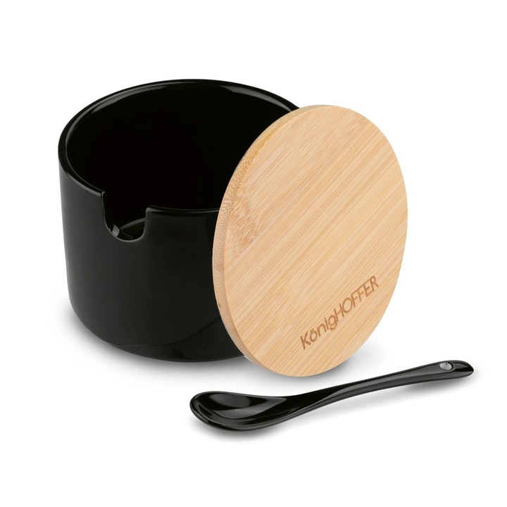 Czarna CUKIERNICA +ŁYŻECZKA pojemnik na CUKIER z bambusową POKRYWKĄ 350ml