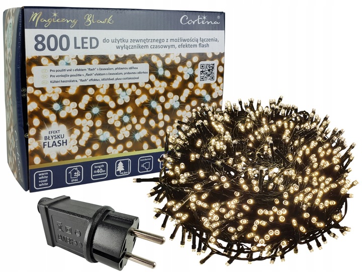 LAMPKI CHOINKOWE 800 LED TIMER NA CHOINKĘ CIEPŁY BIAŁY + FLASH ZIMNY BIAŁY