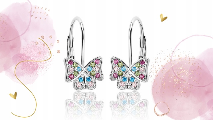 KOLCZYKI SREBRNE DLA DZIEWCZYNKI MOTYLKI KOLOROWE CYRKONIE ANGIELSKIE 925