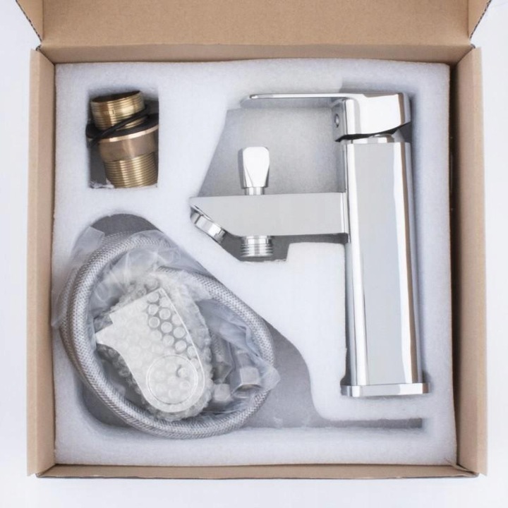 Bateria wannowa stojąca jednootworowa z prysznicem i wężem chrom srebrna