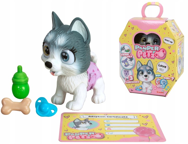 PAMPER PETZ PIESEK HUSKY PIJE SIKA PIELUSZKOWY GANG 20 CM + BUTELKA SMOCZEK