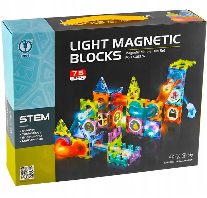 KLOCKI MAGNETYCZNE KONSTRUKCYJNE LABIRYNT UKŁADANKA ŚWIECĄCY TOR 75 el