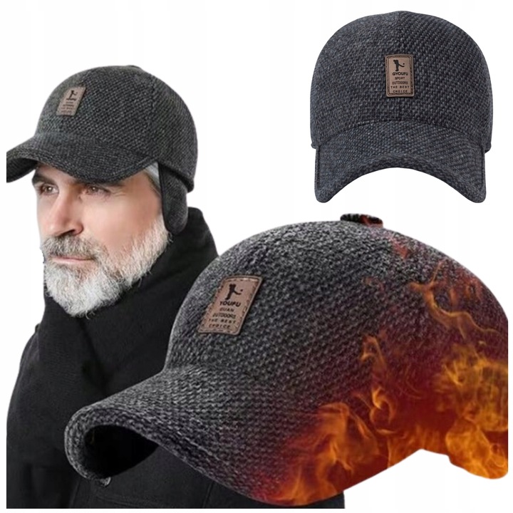 CZAPKA Z DASZKIEM MĘSKA CIEPŁA ZIMOWA NA ZIMĘ CHOWANE NAUSZNIKI CZARNA