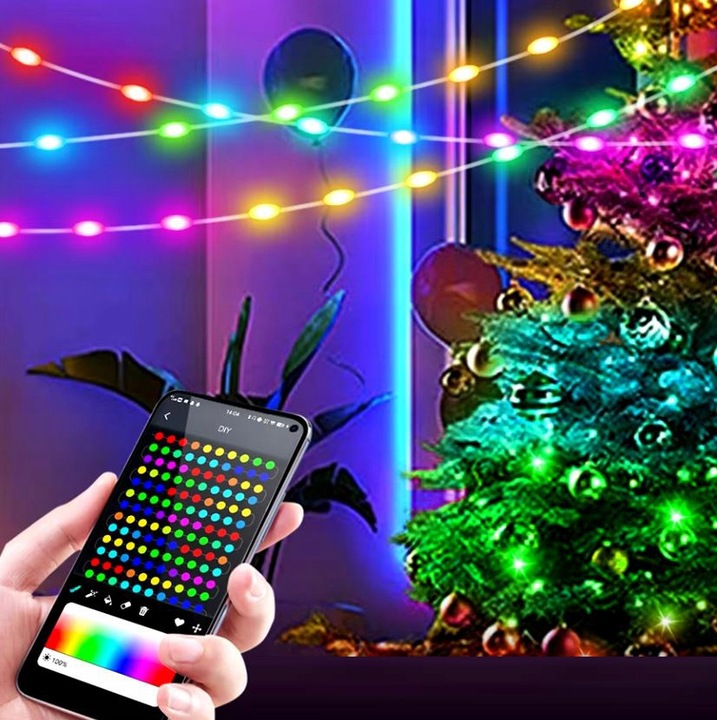 TAŚMA 200 LED INTELIGENTNE LAMPKI APLIKACJA BLUETOOTH PILOT STEROWANIE 20M