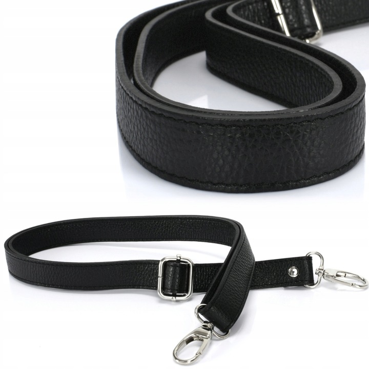 Czarny pasek do torebki skórzany srebrne okucia