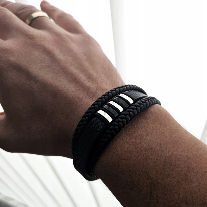 Bransoletka męska SKÓRZANA POTRÓJNA z GRAWEREM GRAWER IMIONA DATY PREZENT