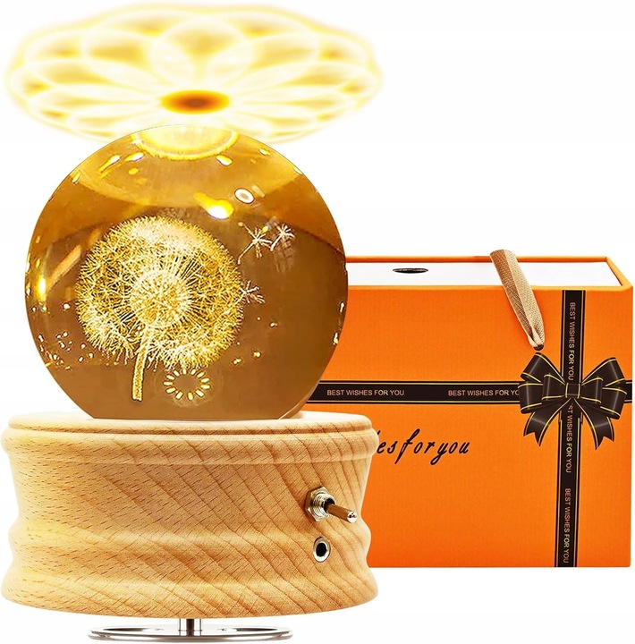 Pozytywka z obrotową grawerowaną szklaną kulą 3D Dmuchawiec