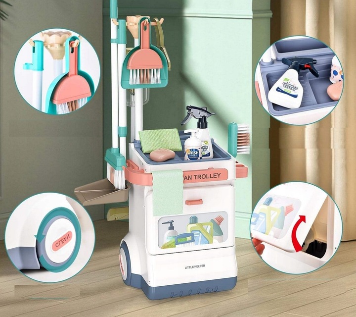 Zestaw do sprzątania dla dzieci odkurzacz wózek mop wiaderko akcesoria 20w1