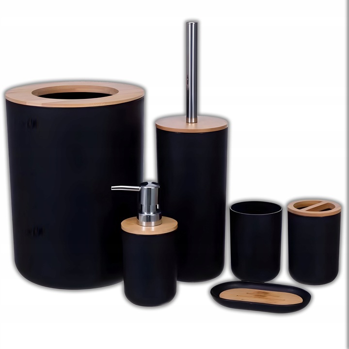 ZESTAW ŁAZIENKOWY 6 ELEMENTÓW AKCESORIA DO WC KOSZ DOZOWNIK CZARNY KOMPLET