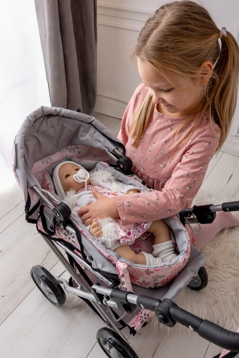 Wózek dla lalek 3w1 SPACEROWY GŁEBOKI + INTERAKTYWNA LALKA BOBAS zestaw XXL