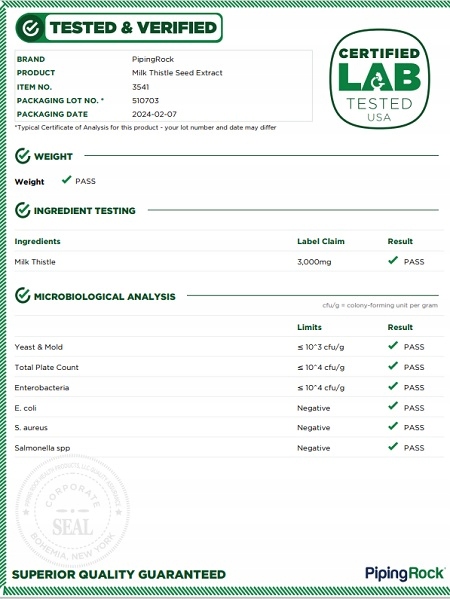 PipingRock Ostropest plamisty Ekstrakt 3000 mg Sylimarina 100k Milk Thistle