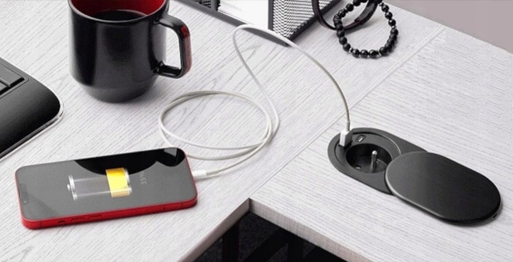 Gniazdo Wpuszczane Chowane w Blat USB + USB-C Przesuwana Pokrywa Kabel 1,9m