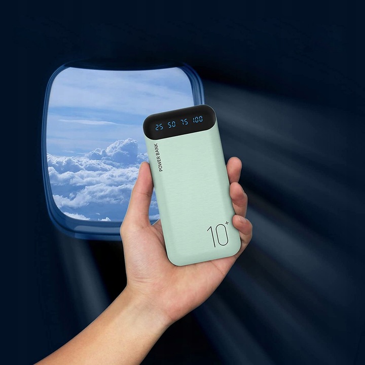 POWERBANK 10000mAh 2,4A 2×USB/USB-C SZYBKI WYDAJNY POWER BANK LED ZIELONY