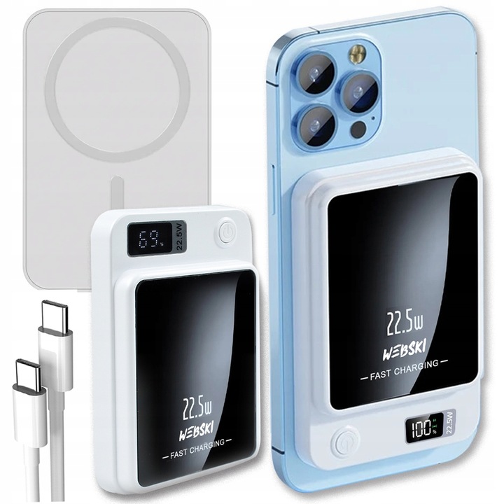 POWERBANK MAGNETYCZNY BEZPRZEWODOWY Z MAGSAFE 10000mAh 22,5W PD + kabel CC