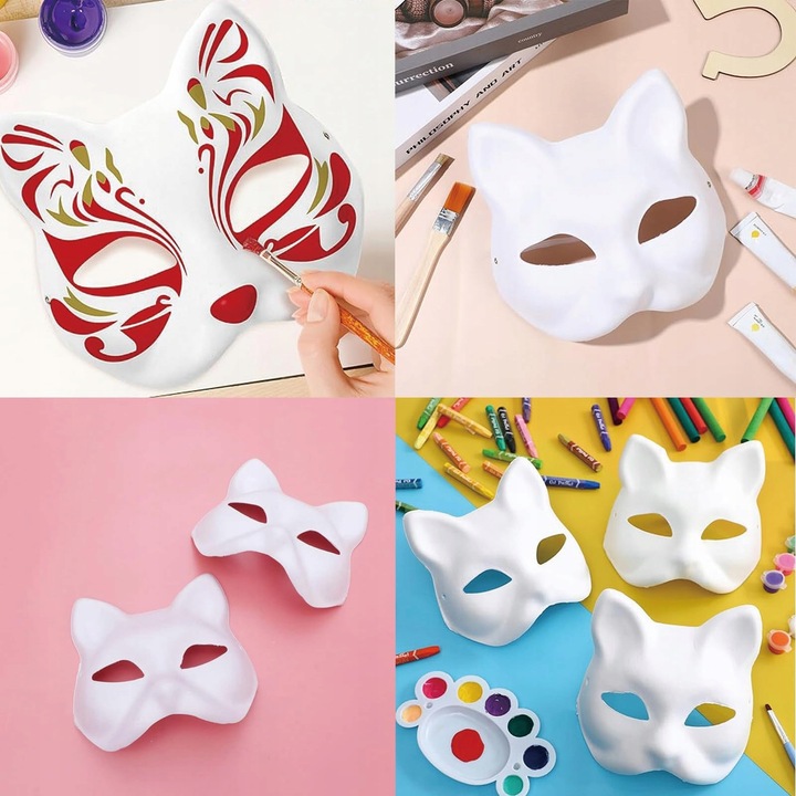10× DIY PUSTE, RĘCZNIE MALOWANE MASKI MASKA KOT + 2× PĘDZLE + 12× FARBA