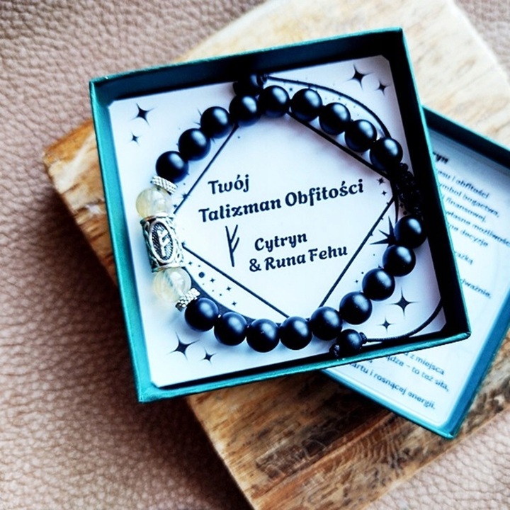 Bransoletka Męska Talizman Obfitości CYTRYN Runa FEHU Bogactwo Pieniądze