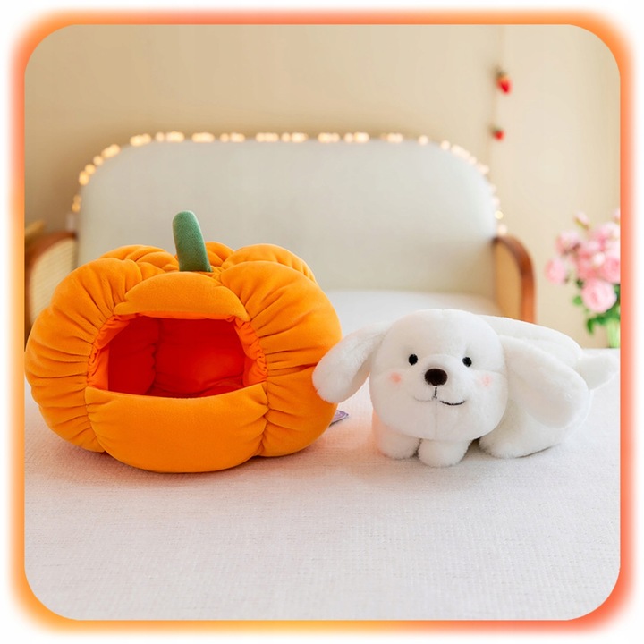 MASKOTKA PIESEK W DOMKU Z DYNI Pluszowy Pies PLUSZAK 2w1 dla dzieci 25 cm