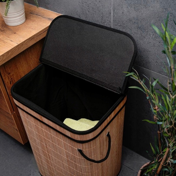 BAMBUSOWY CZARNY KOSZ NA PRANIE WOLNOSTOJĄCY POJEMNIK Z POKRYWĄ 72L