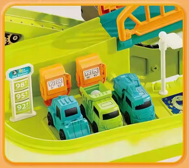 MEGA TOR SAMOCHODOWY PARKING POCIĄG DŹWIG KOLEJKA STACJA TUNEL DINOZAUR REX