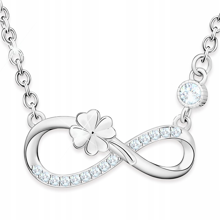 Naszyjnik Srebrny 925 Nieskończoność z Czterolistną Koniczynką i Cyrkoniami