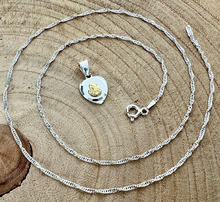 Srebrny łańcuszek 40cm Singapur i medalik serce MB Komunia Chrzest prezent