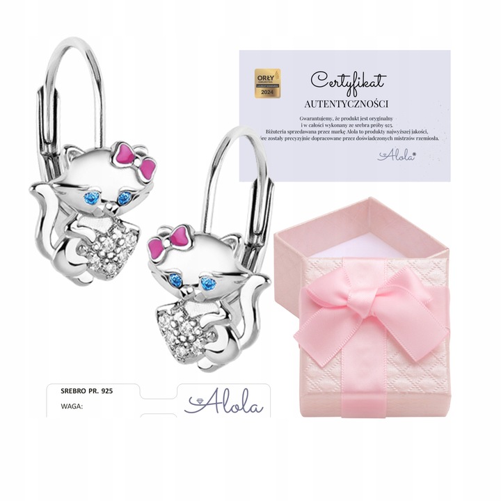 Kolczyki srebrne 925 kotki z kokardką dla dziewczynki chrzest/komunia