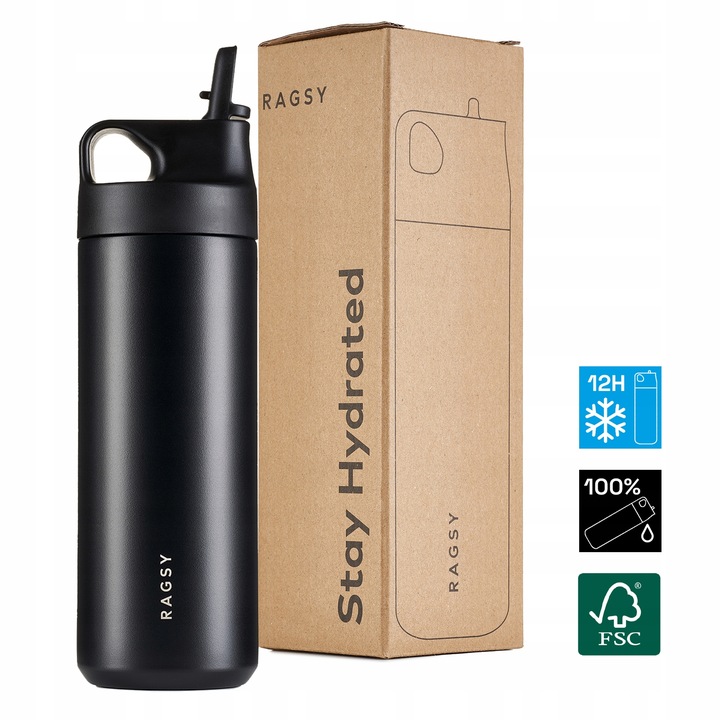 Kubek Termiczny ze słomką i ustnikiem ADV 500 ml BPA FREE - Black / Czarny