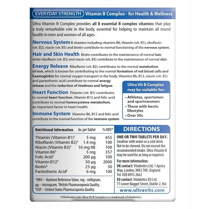 VITABIOTICS Ultra WITAMINA B Complex WITAMINA B1, B2, B3, B6, B12 60 tab.