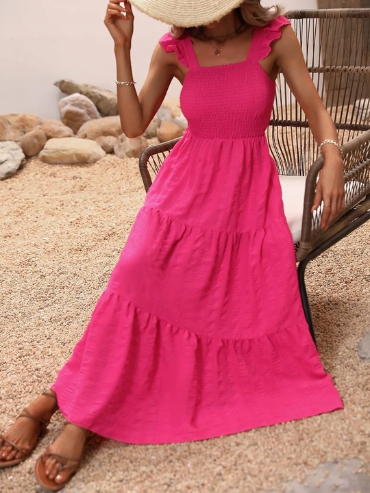 LETNIA SUKIENKA LUŹNA CODZIENNA MAXI RÓŻOWA MARSZCZENIA KOBIECA NA PLAŻĘ